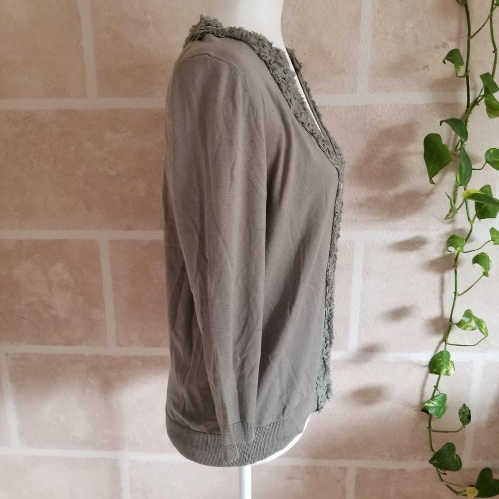 Talbots Olive Ruffle Trim Cardigan Sweater Sage Green Grey Sz Medium NEW NWOT - Picture 7 of 10